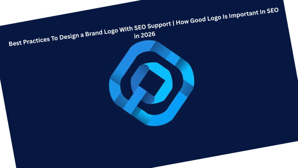 Best practices to design a brand logo with SEO support in 2026, modern blue geometric logo on dark background