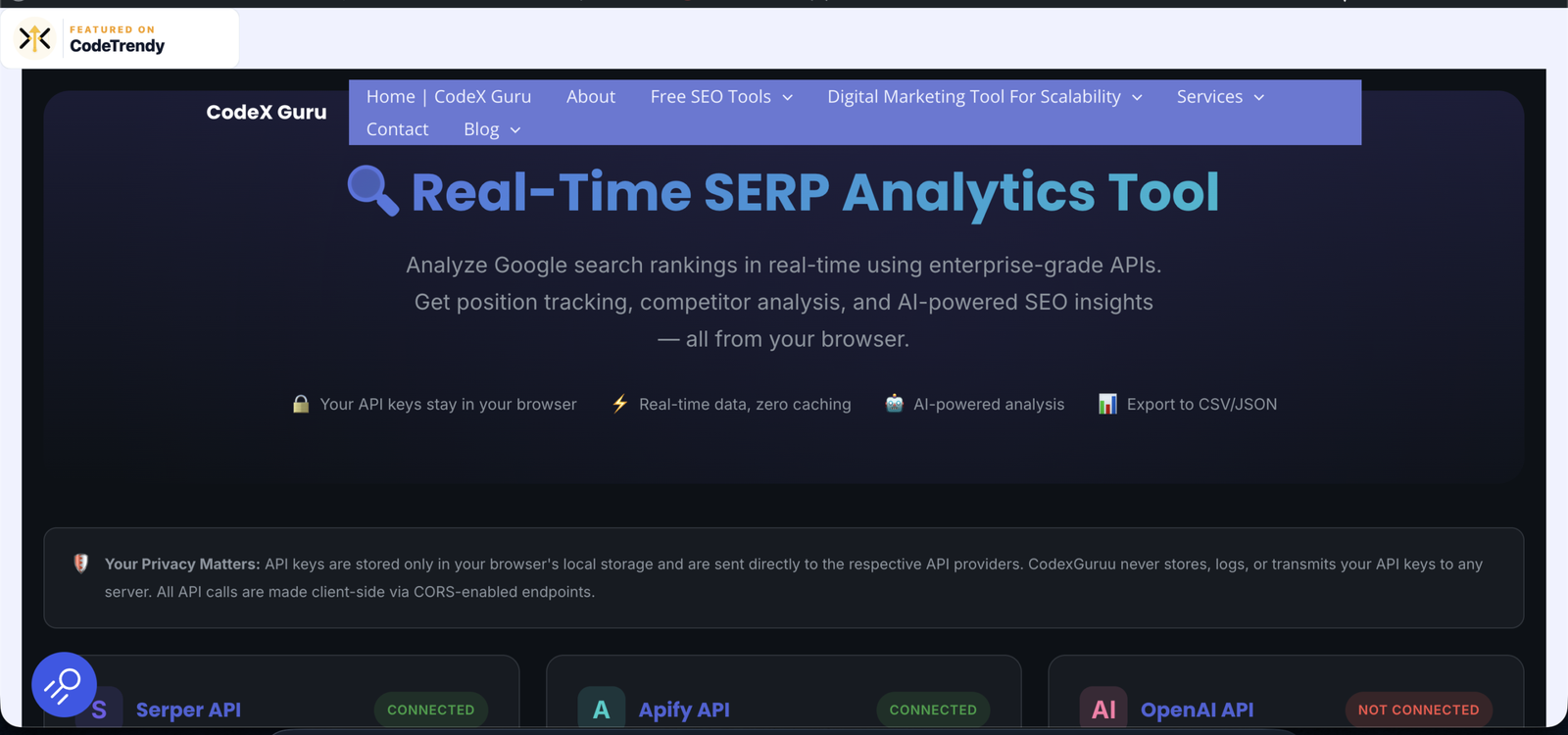 Screenshot of Real-Time SERP Analytics Tool by codex guru
