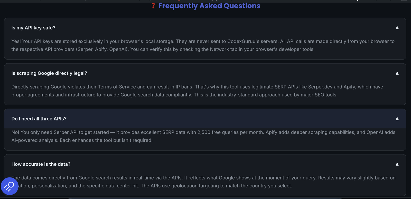 Screenshot 5 of Real-Time SERP Analytics Tool Frequently Ask Question By Codex Guru