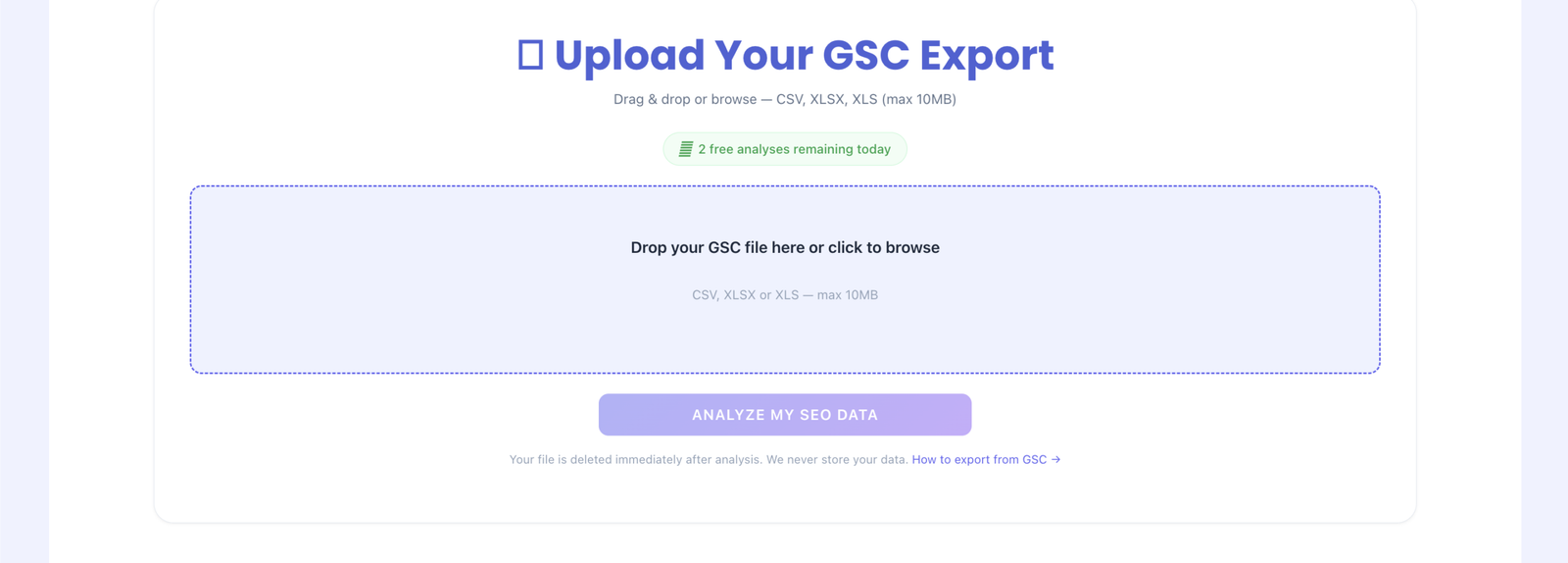 Screenshot of Free GSC Keyword Analyzer — AI-Powered SEO Insights in 60 Seconds By Codex Guru