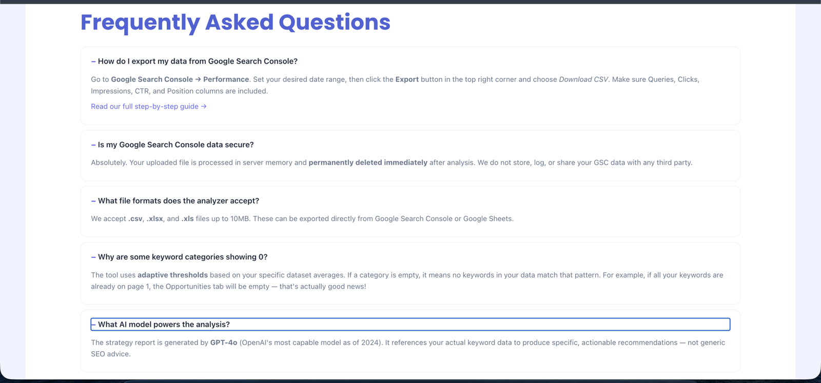 Screenshot 3 of Free GSC Keyword Analyzer showing frequently asked questions