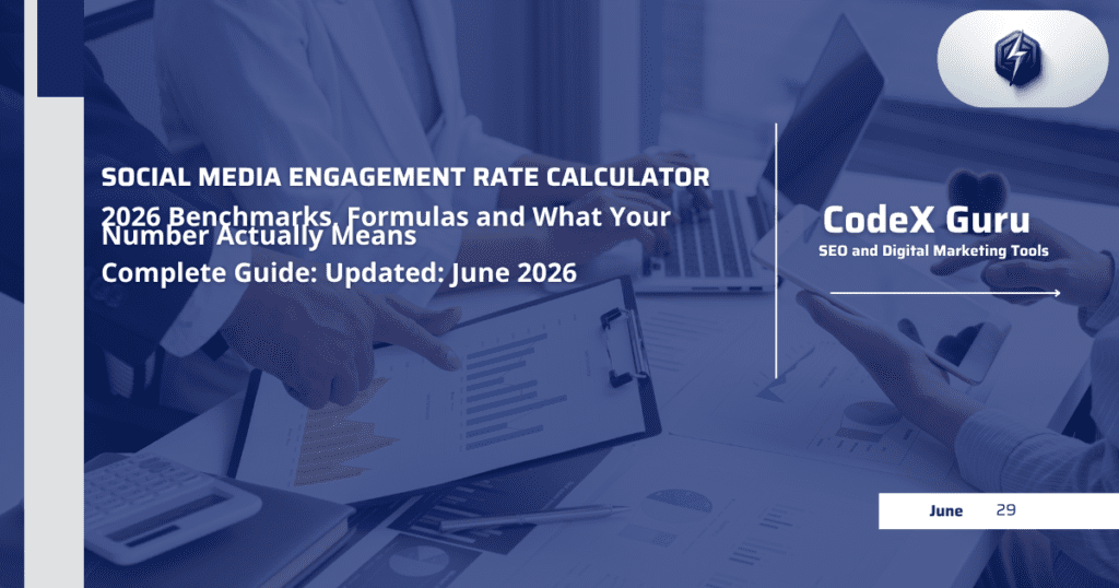 Free social media engagement rate calculator 2026 dashboard showing Instagram TikTok YouTube and LinkedIn metrics with benchmark comparison by CodeX Guru