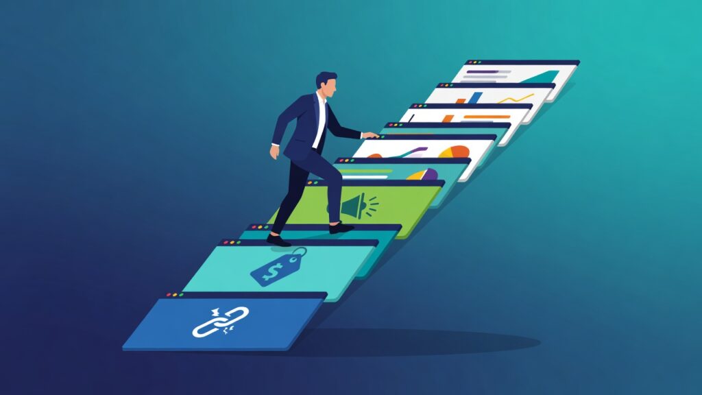 Founder climbing steps made of SaaS dashboards representing common SaaS business challenges and solutions in 2026