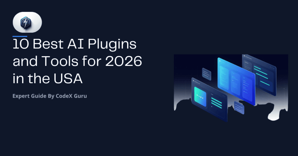 Best AI plugins and tools for 2026 showing AI brain icon surrounded by content writing SEO and chatbot plugin icons on laptop screen