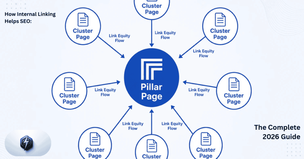 How internal linking helps SEO — diagram showing link equity flowing between pillar page and cluster pages in a topic cluster structure