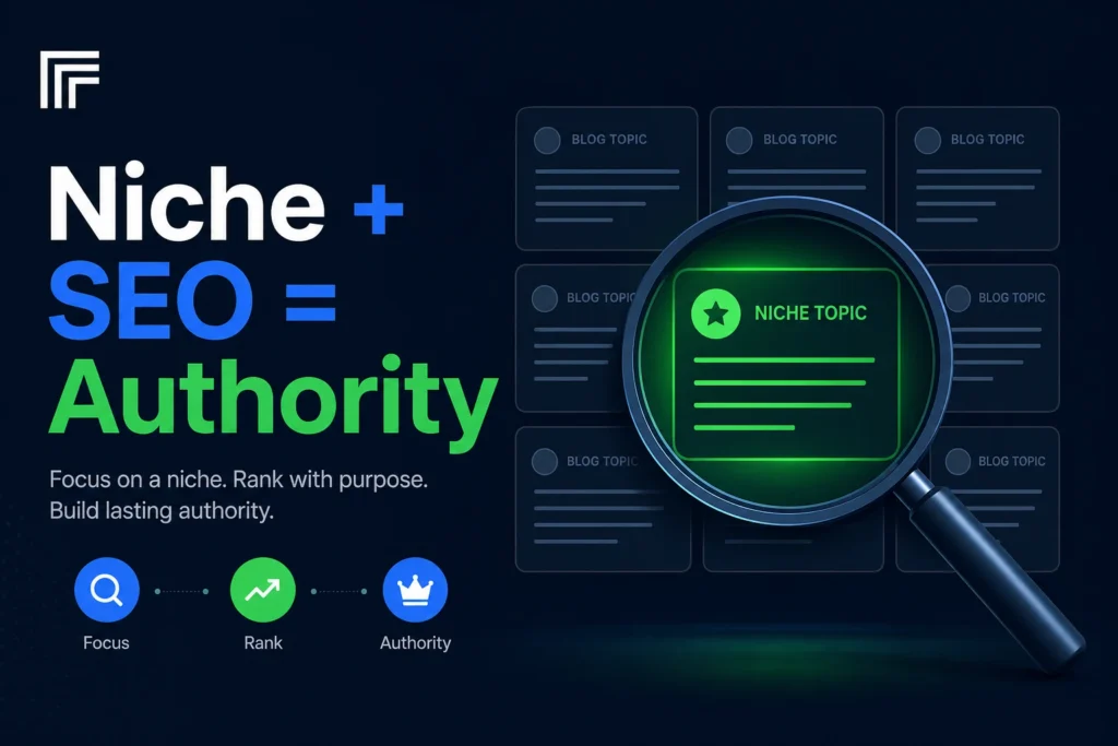 Infographic showing why niche selection is critical for blogging SEO success in 2026 with magnifying glass focusing on micro-niche segment