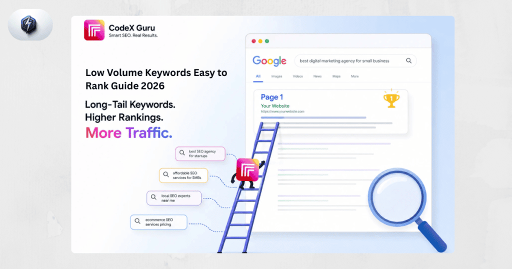 Infographic showing why low volume keywords are easier to rank on Google page 1 in 2026