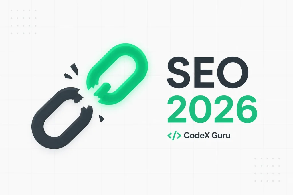 Minimalist illustration showing a broken SEO chain link being repaired, representing why SEO fails in 2026 and how to fix it